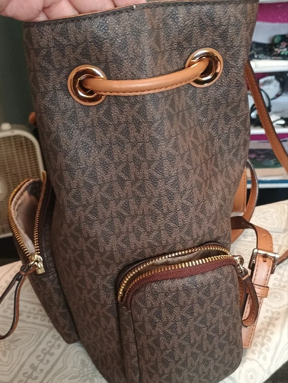 Michael Kors Brown & Tan Logo Backpack with Gold Accents